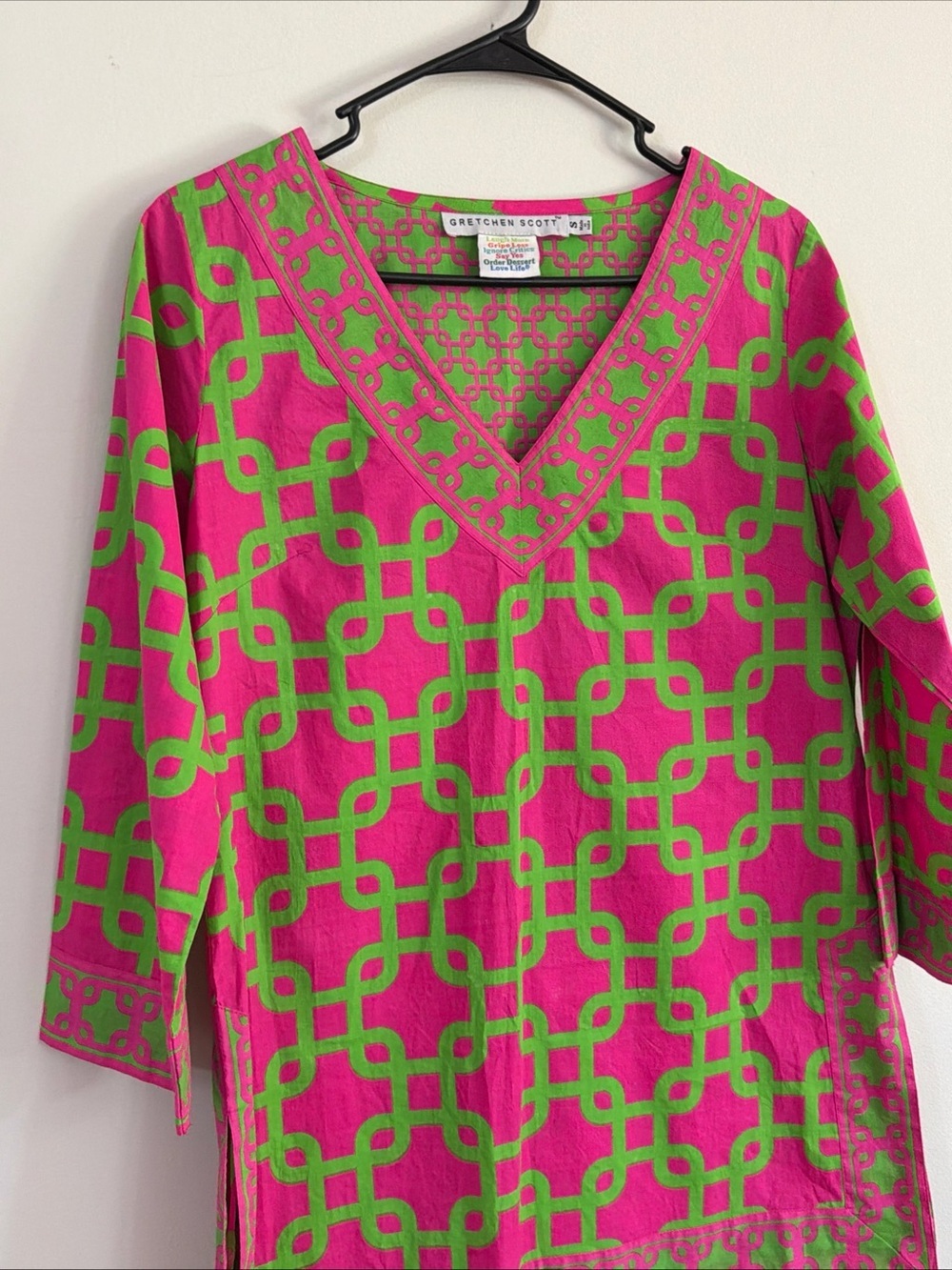 Gretchen Scott Small Cotton V Neck Tunic Top Pink Green Geometric Chain Link - Picture 2 of 11
